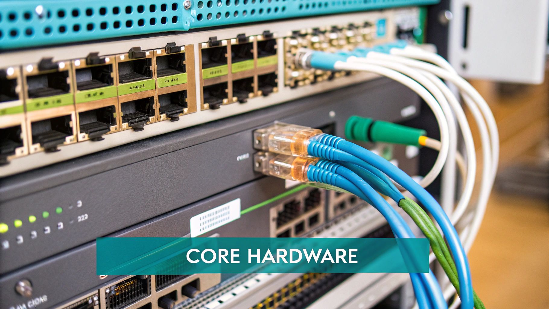 A neatly organized network rack with switches, a router, and other hardware, showcasing a professional installation.
