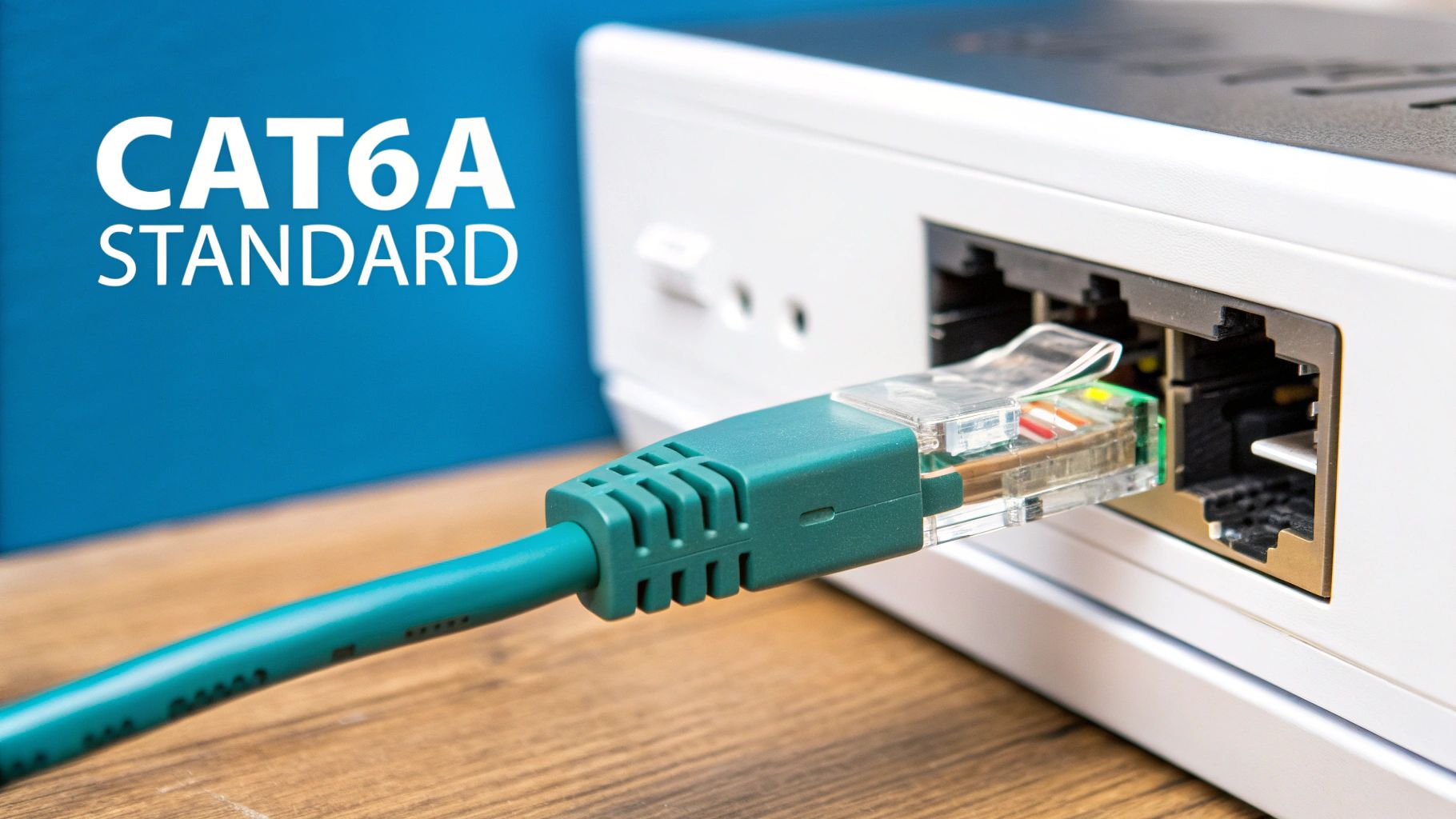 A detailed close-up of a blue Cat6a Ethernet cable showing its internal twisted pairs and shielding.