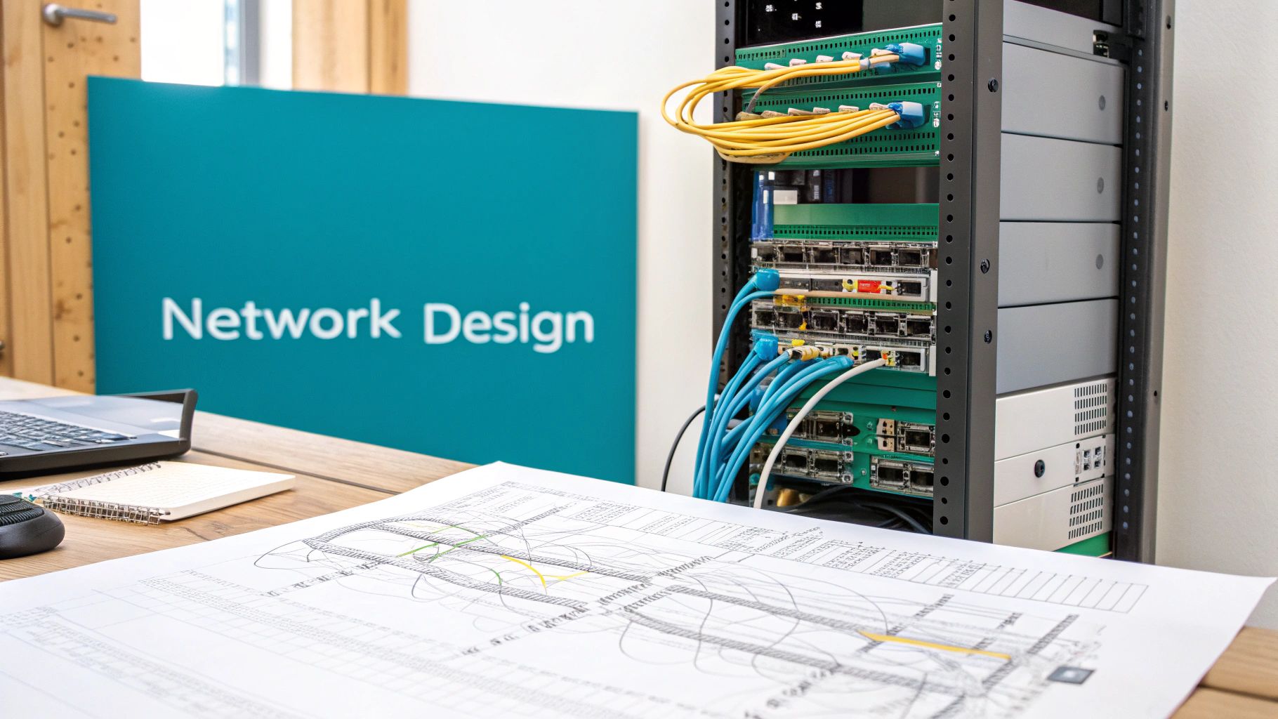 A professionally installed network rack with glowing lights and neatly managed cables from MTL Smart Solutions.