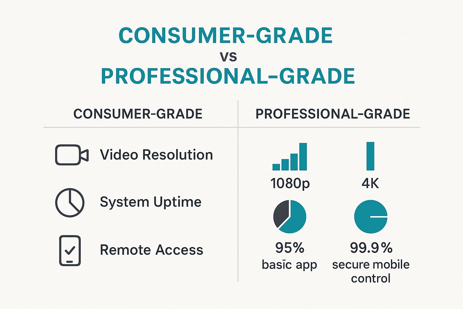 An infographic comparing consumer-grade vs professional-grade security systems on metrics like video resolution, system uptime, and remote access.