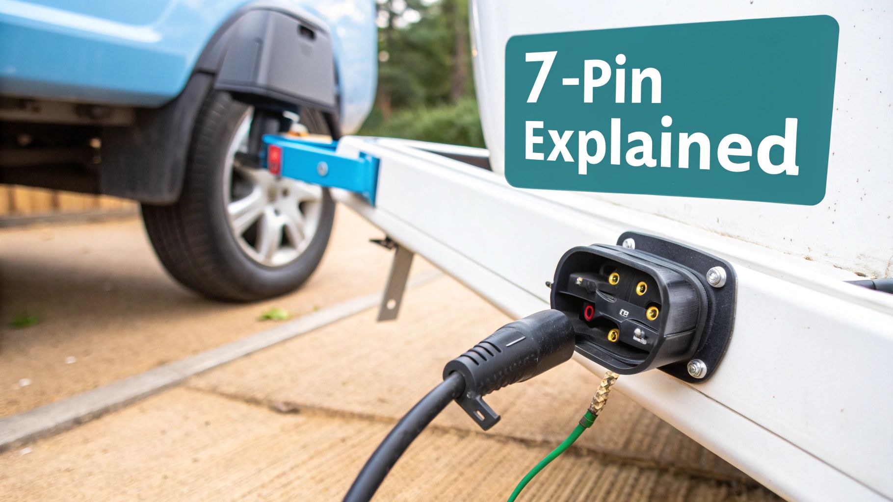 A close-up view of a 7 pin trailer wiring plug and socket on a vehicle's tow bar.