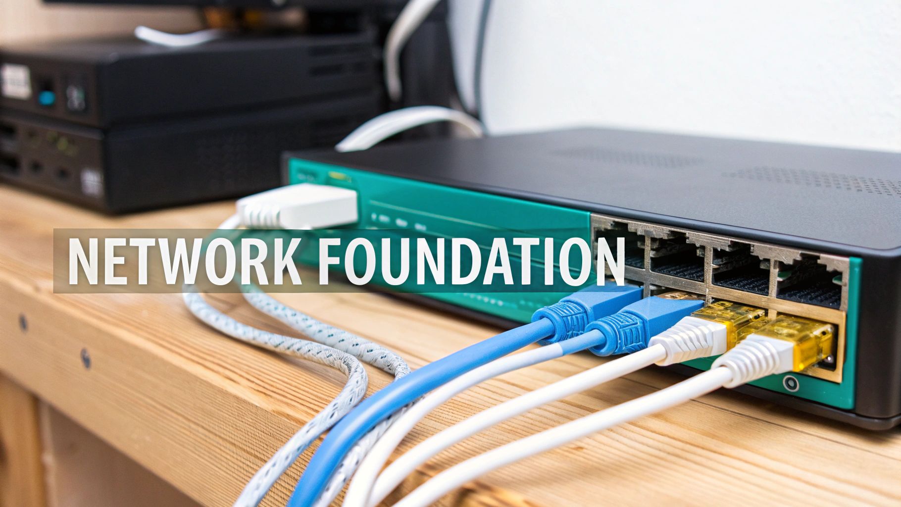 A bundle of blue Cat6 Ethernet cables neatly organised, representing professional network infrastructure.