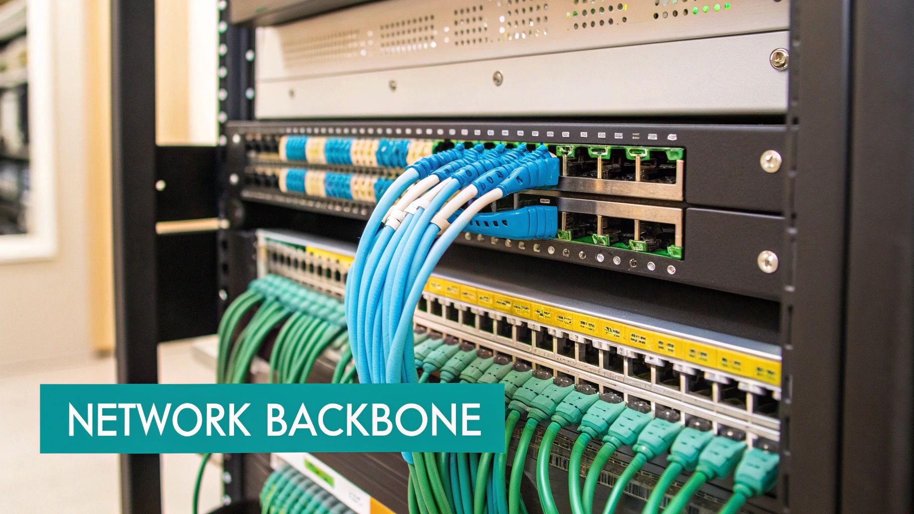 A detailed view of professionally installed network cabling and server rack equipment.