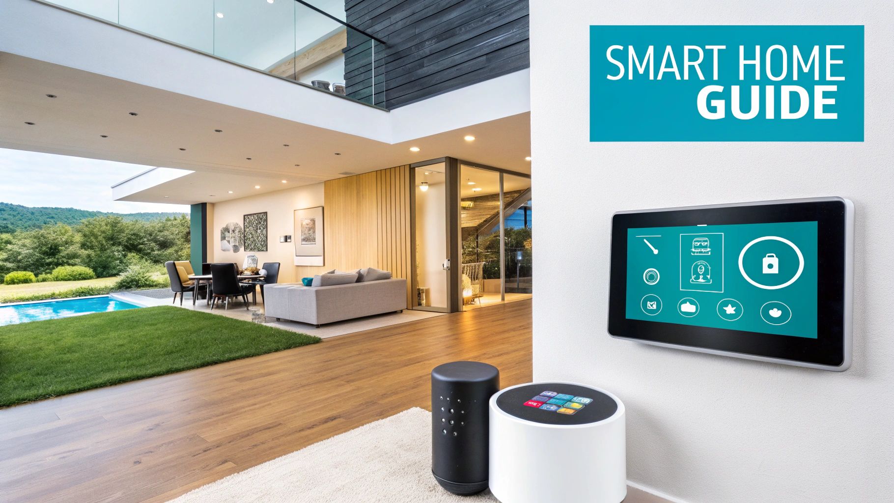 A modern living room with integrated smart home technology controlling the lighting and entertainment system.