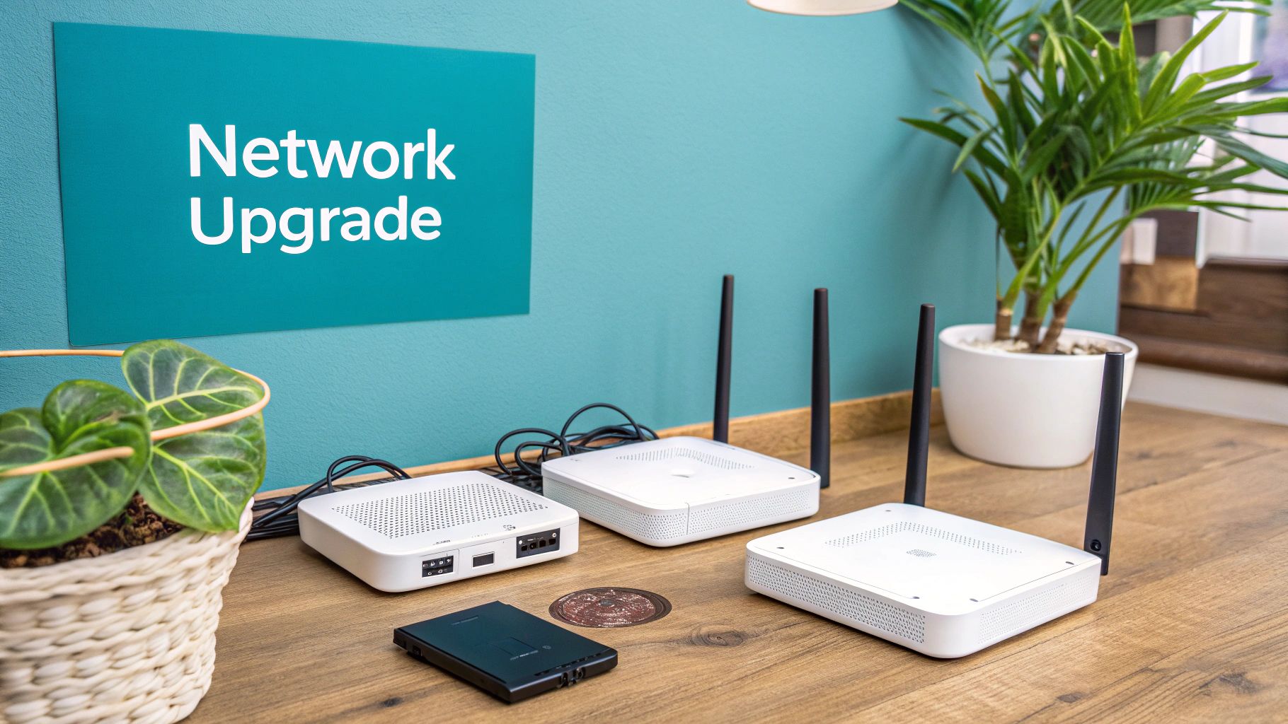 A professionally installed wall-mounted data cabinet with clean network cabling and switches, representing a high-end network upgrade.