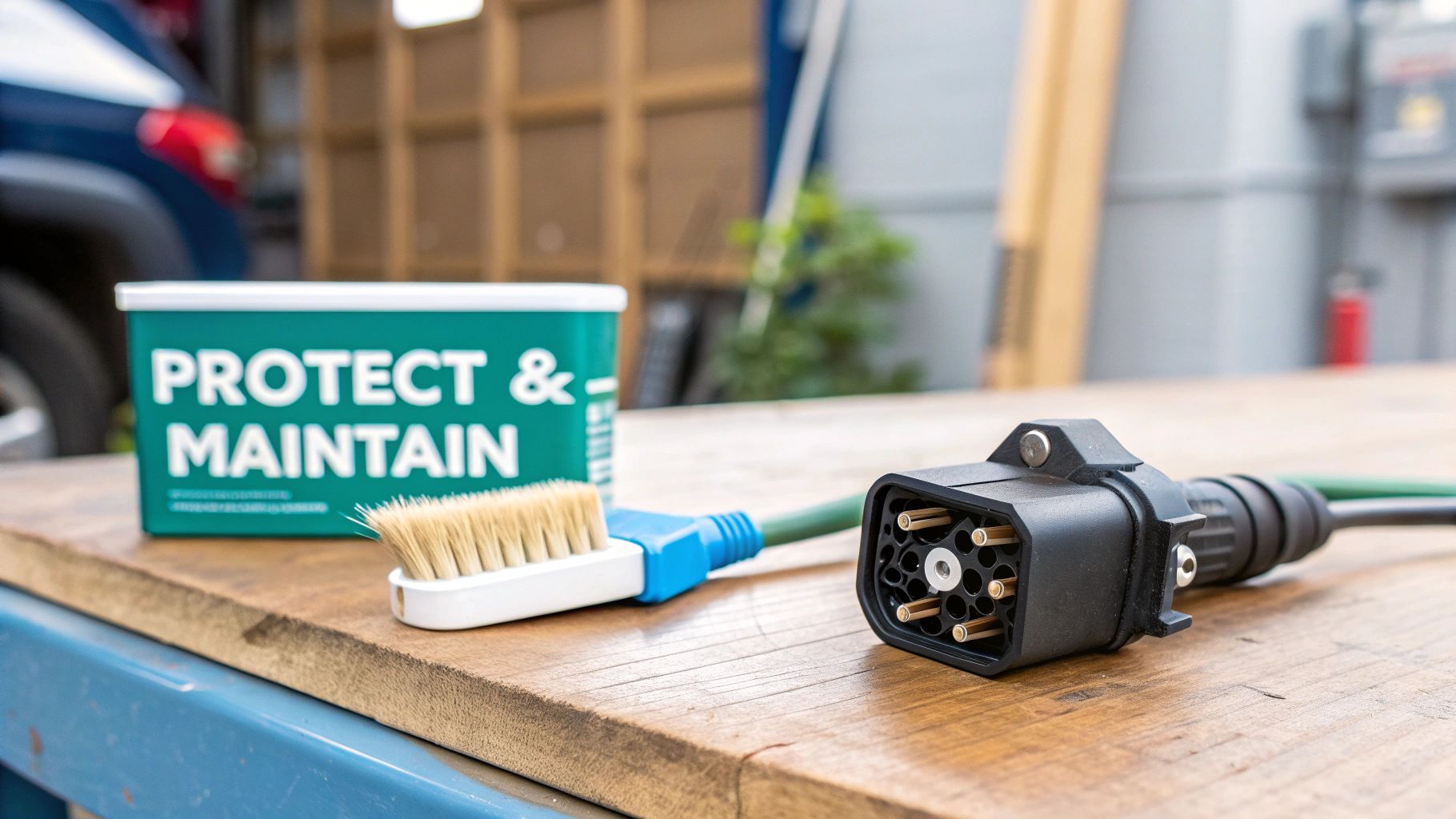 Close-up of a trailer's electrical cable and plug, showing signs of use.