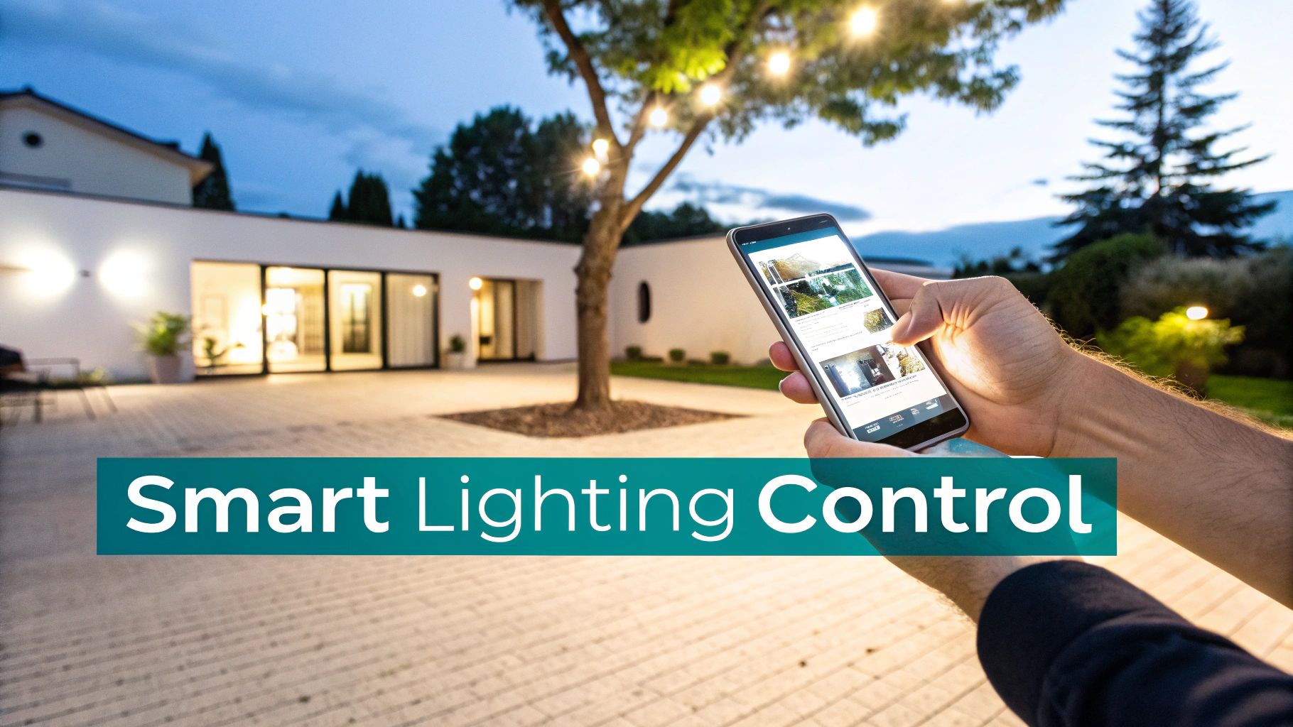 A smart home app controlling outdoor LED tree lights on a tablet.