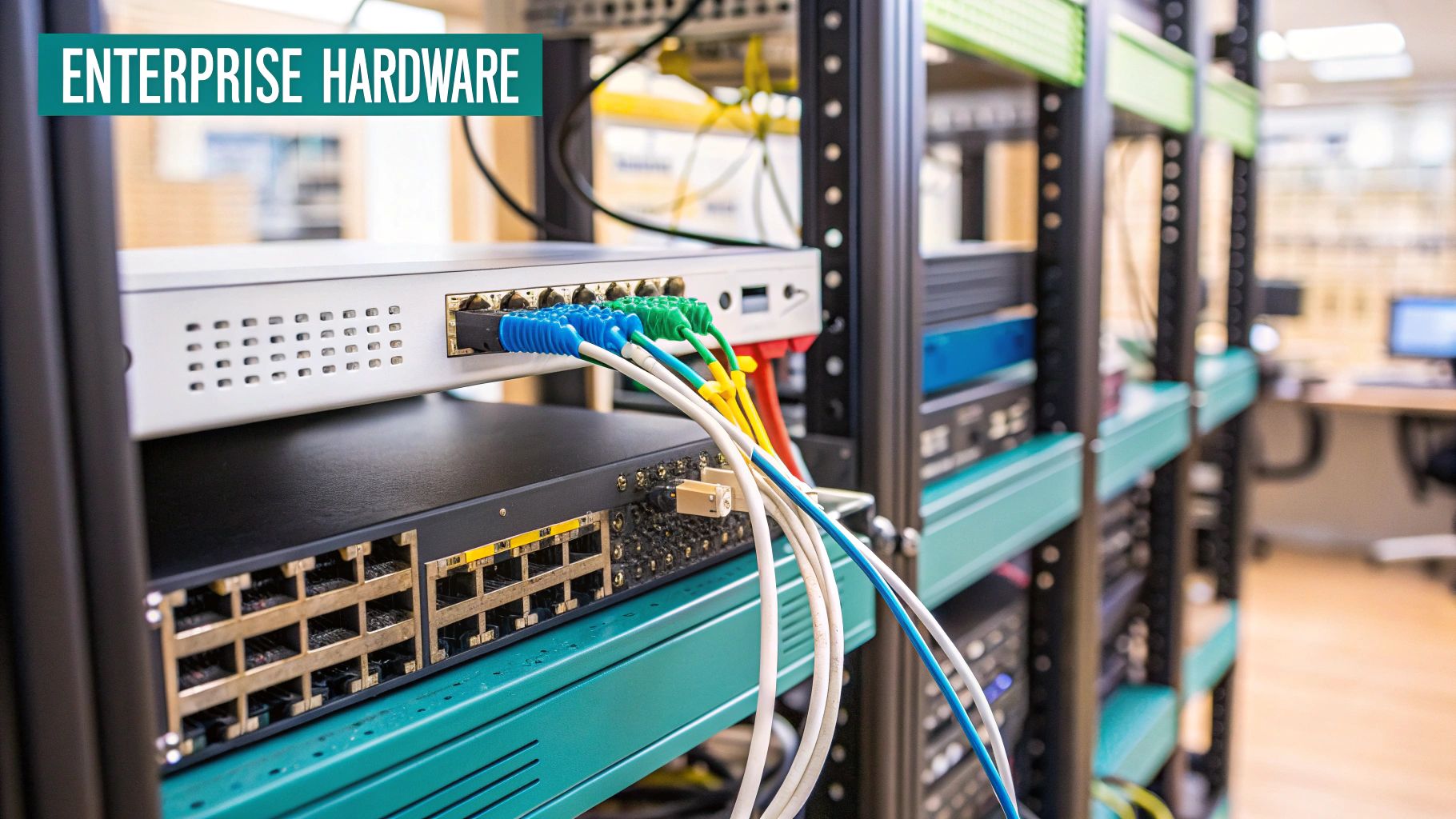 A selection of professional network hardware including switches and access points.
