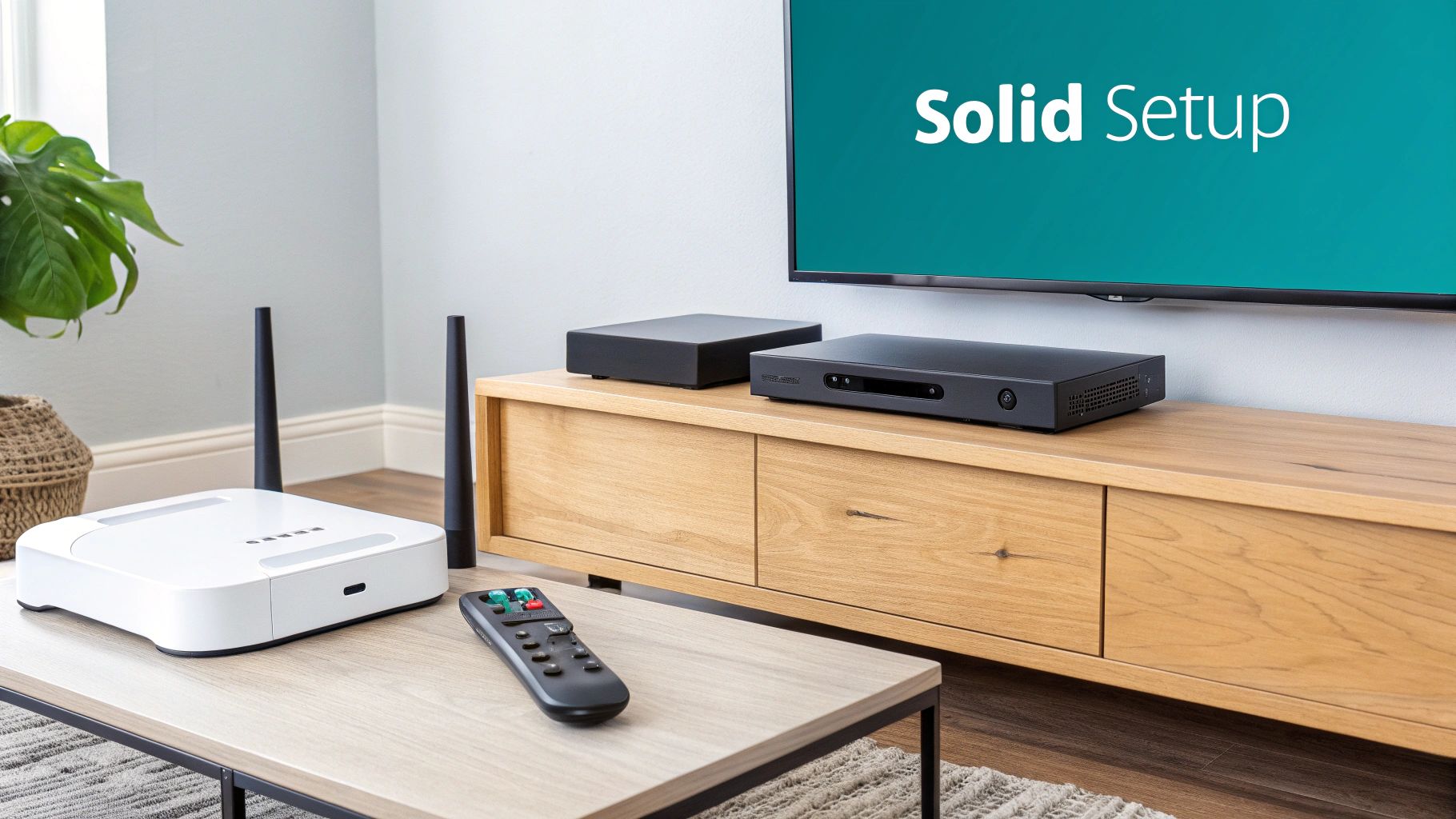 A close-up shot of an Amazon Firestick remote control resting on a wooden surface next to a smart TV.