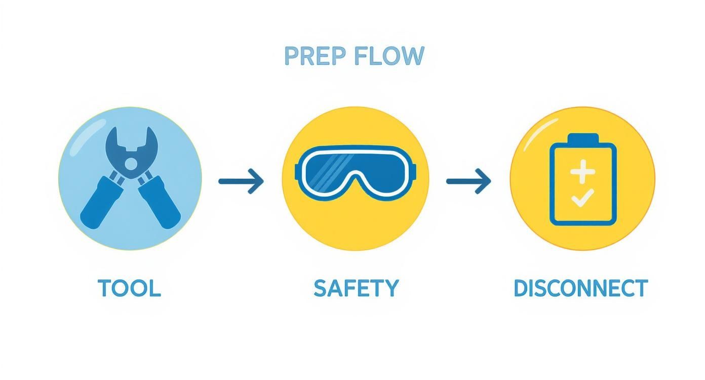 Infographic outlining the preparatory steps for wiring, including gathering tools, using safety gear, and disconnecting the power source.
