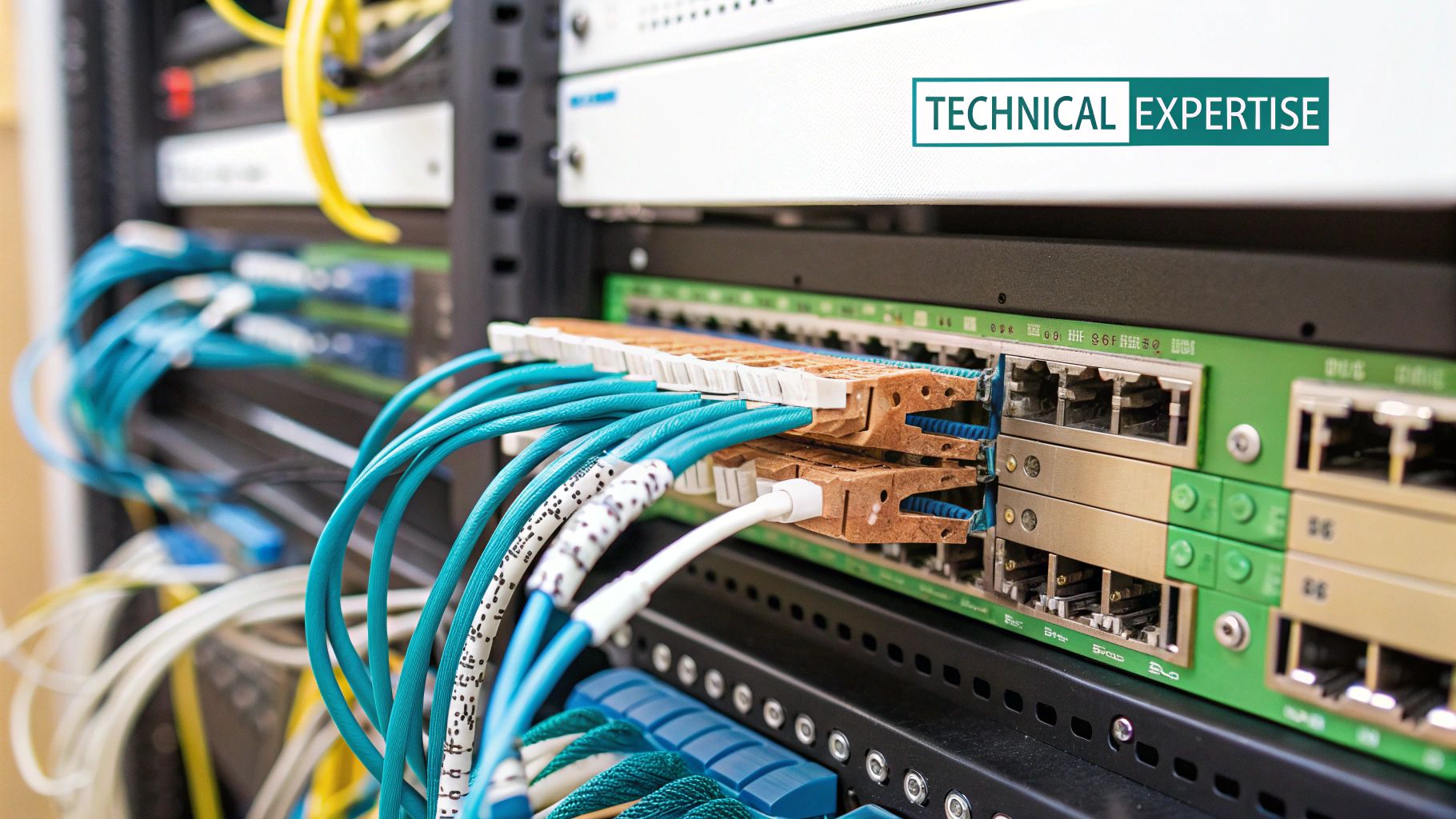 A certified technician meticulously inspecting network cables in a professional server rack, showcasing attention to detail.