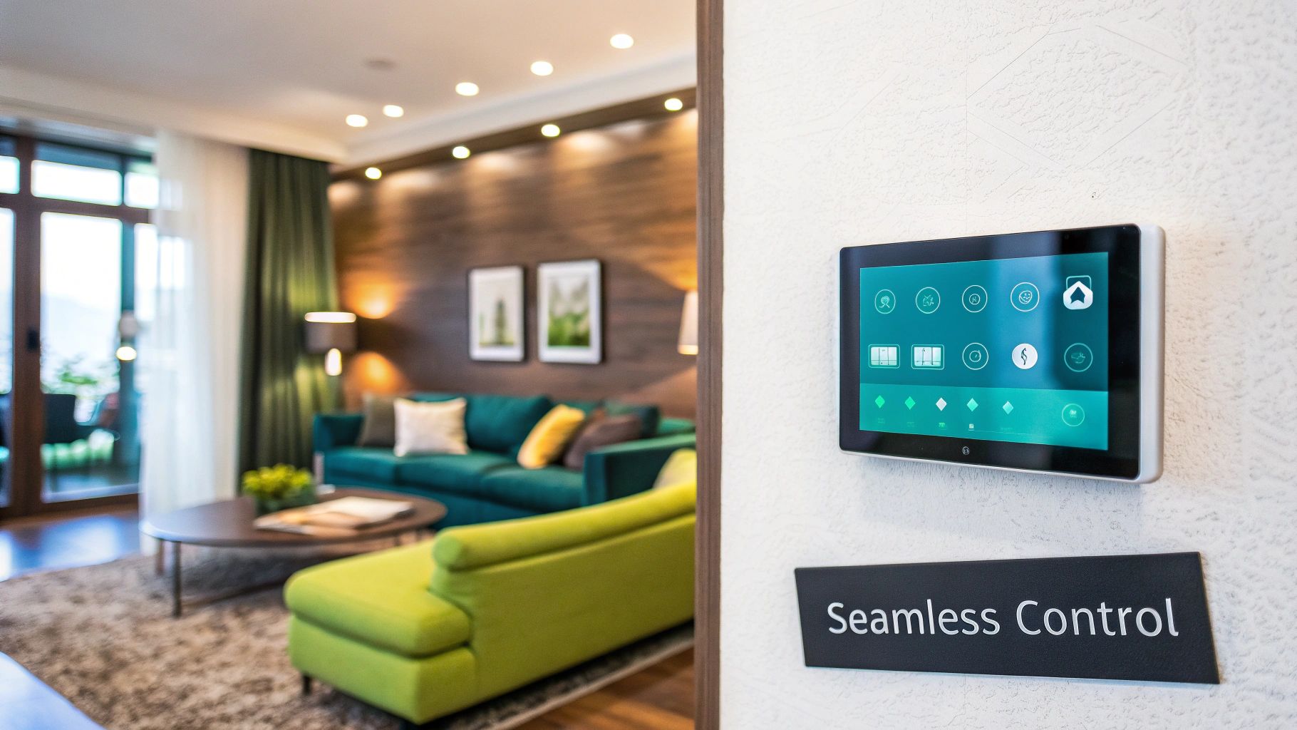 A sleek smart home control panel displaying options for lighting, climate, and music.