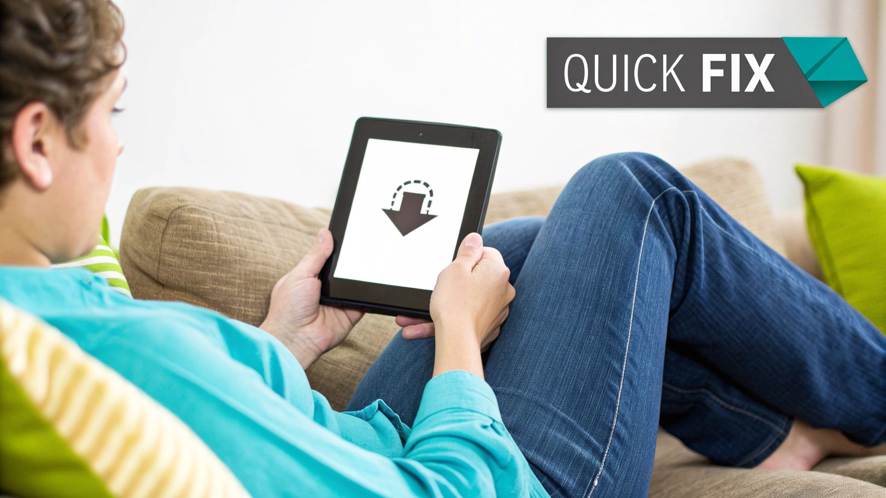 A comfortable living room with a person reading a Kindle, showing a strong Wi-Fi signal icon overlayed.