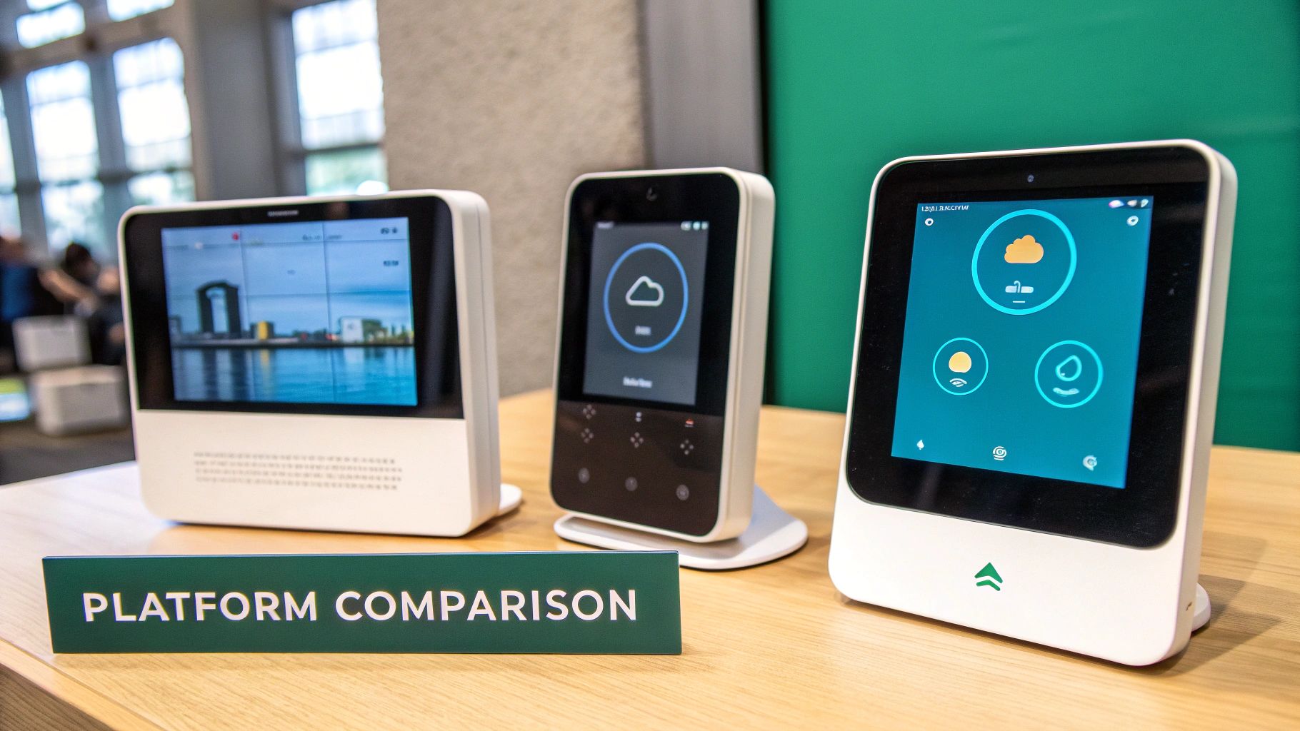 A person using a smart home app on their phone with a modern living room in the background