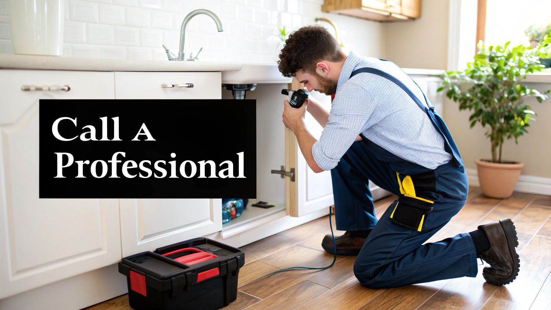 A professional plumber kneels to inspect under a kitchen sink with a tool, toolbox on the floor.