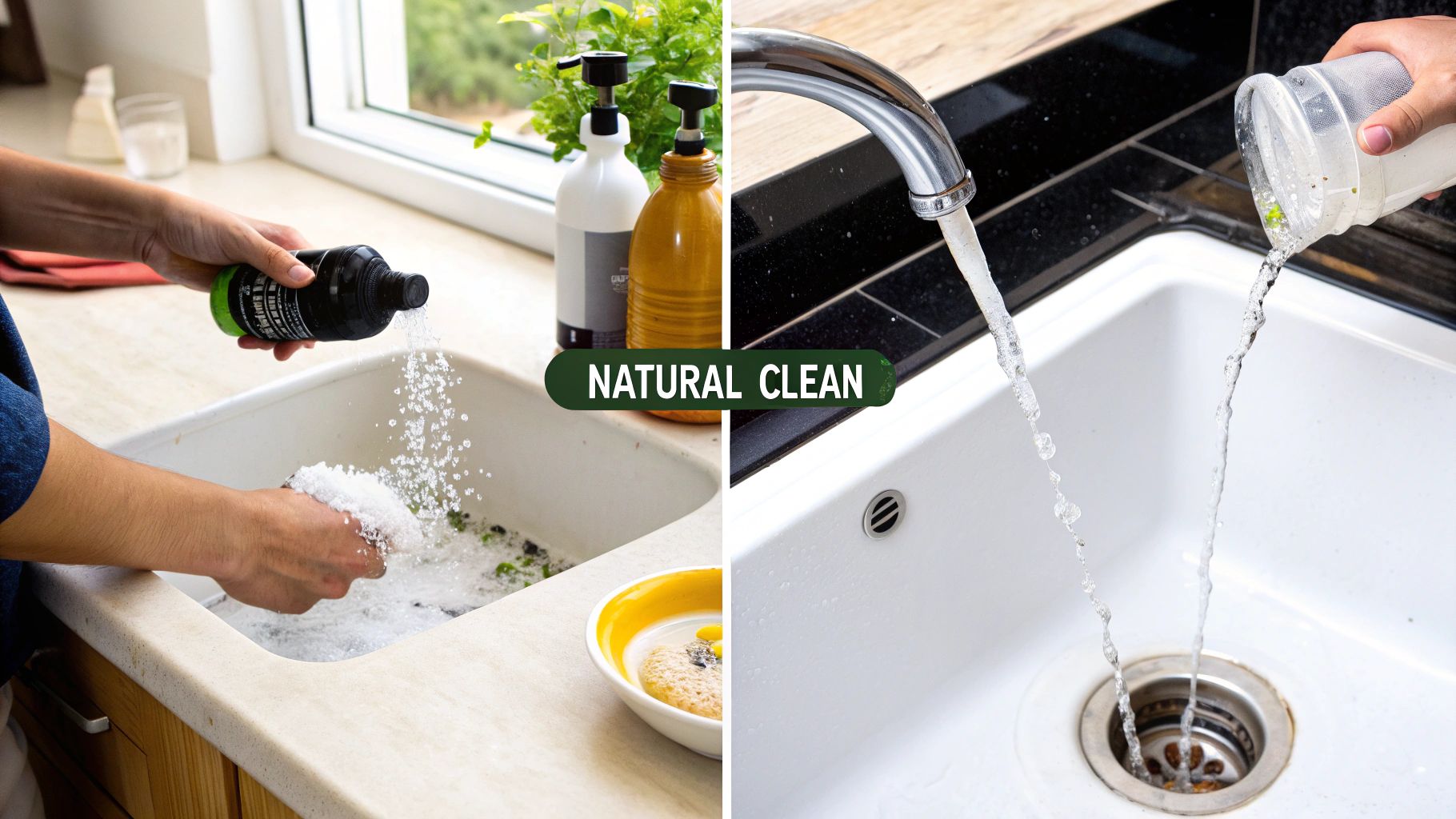 Hands cleaning a kitchen sink with natural cleaning granules, contrasting with dirty water being poured.