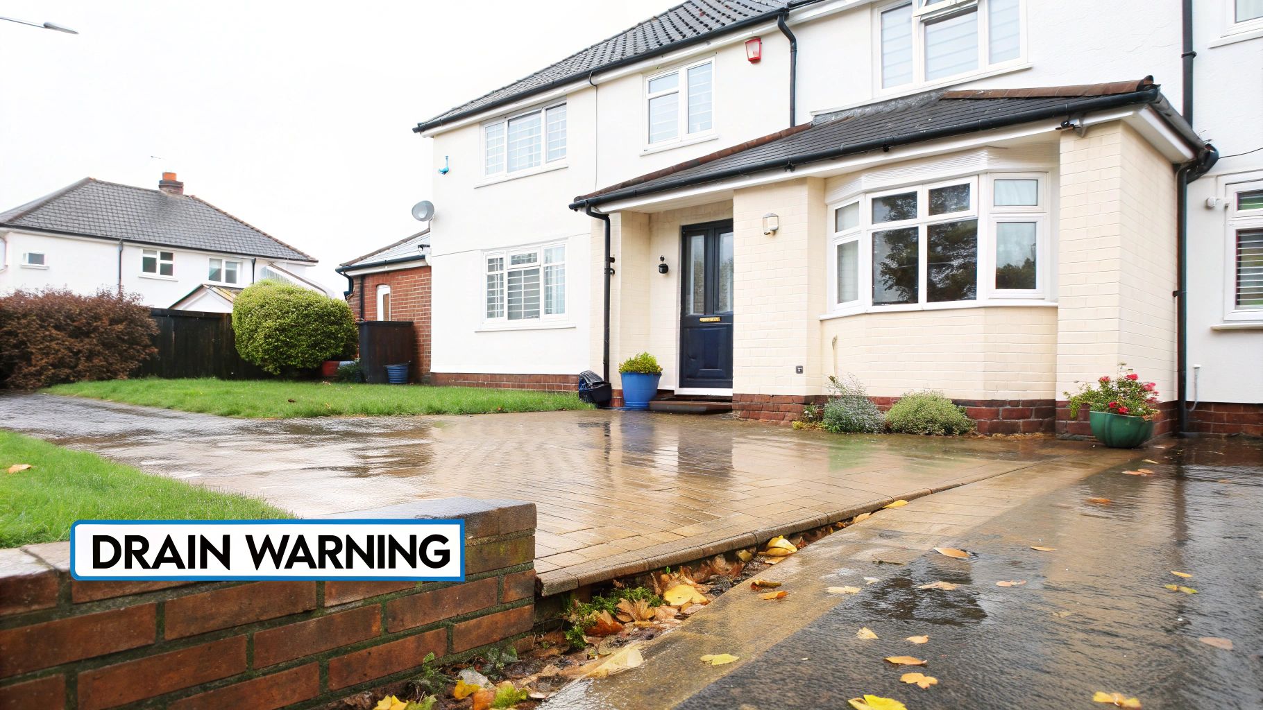 A house driveway with standing water and autumn leaves, showing a 'Drain Warning' sign, indicating poor drainage.