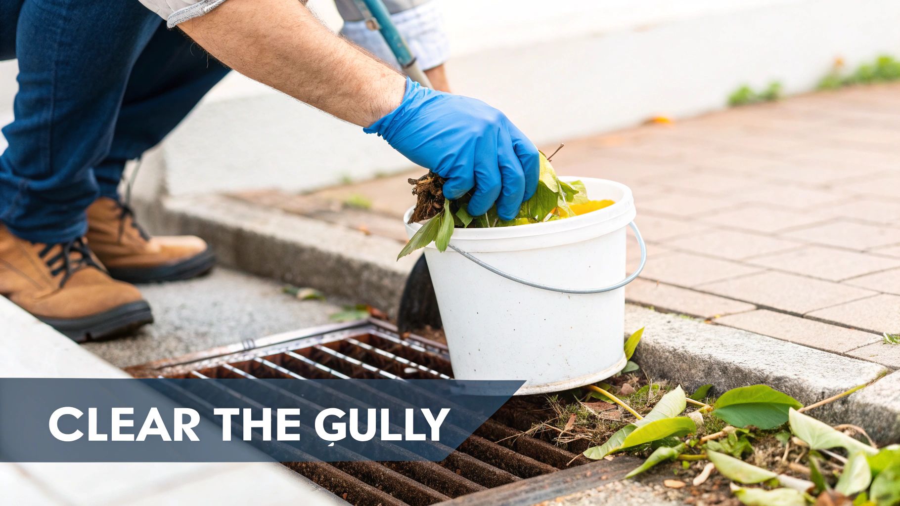 A person in blue gloves clears leaves and debris from a gully drain into a white bucket.