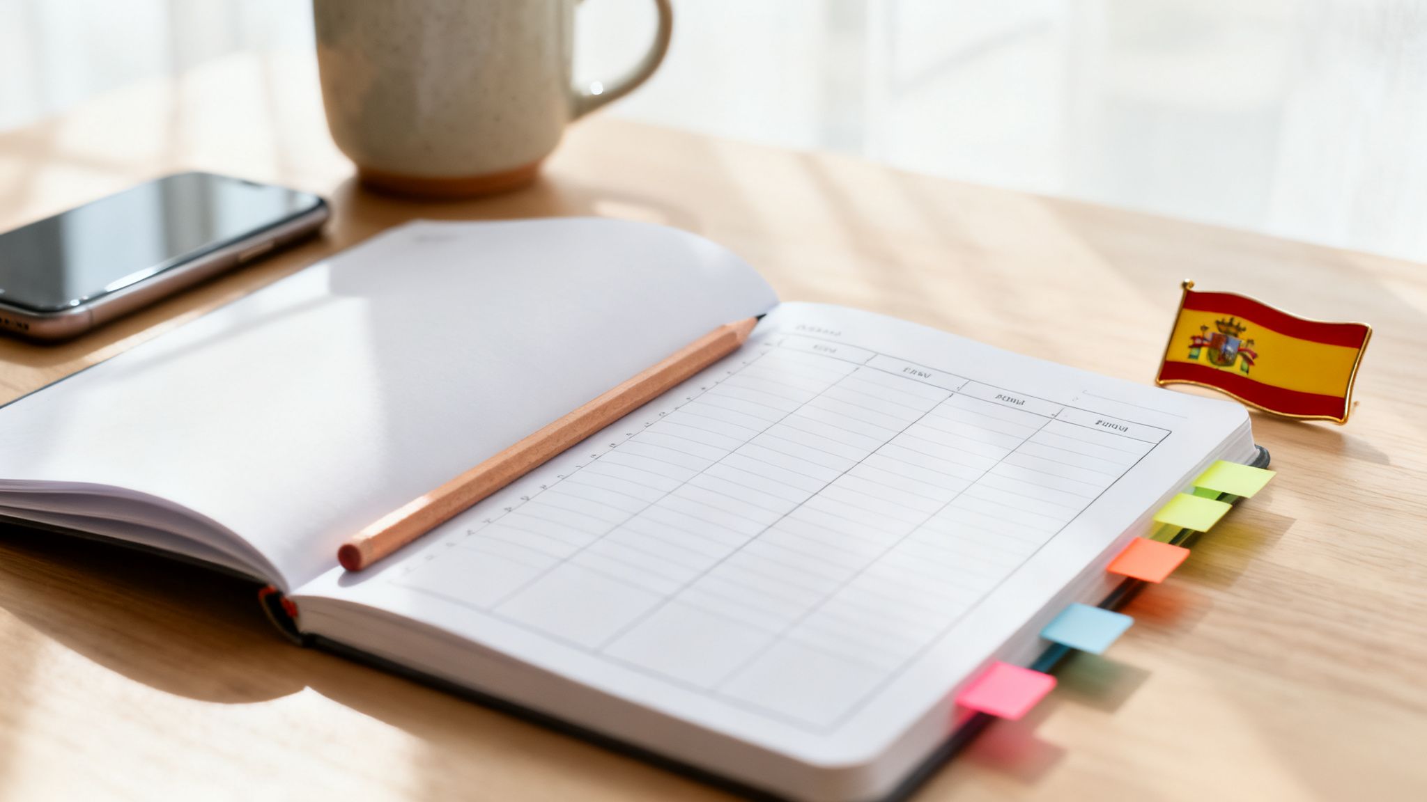 On the wooden table, next to an open notebook, are a pencil, a cell phone, a coffee cup, and a Spanish flag badge, with colorful bookmarks nearby.