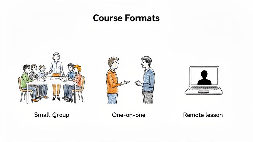 图片展示了小班、一对一和远程三种课程形式，供学习者选择适合自己的方式。