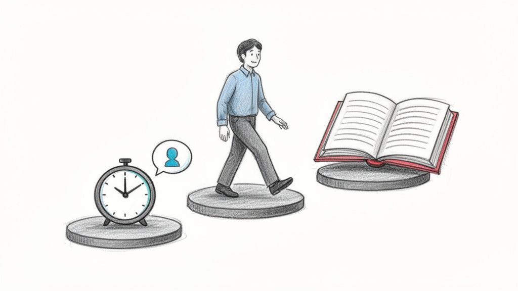一个男人从象征时间的闹钟走向打开的书本，寓意学习与成长。