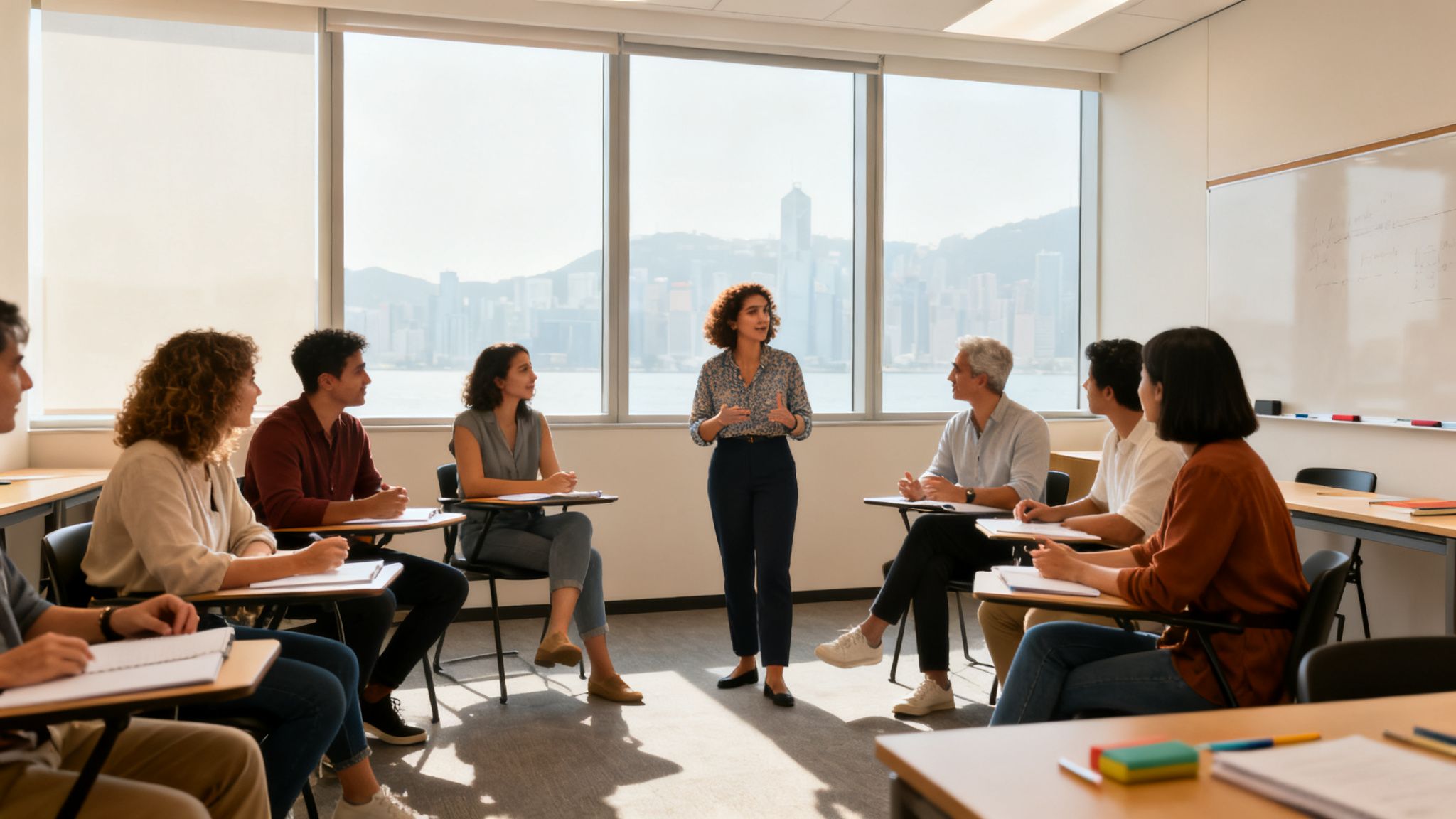 A female teacher is giving a lesson in a bright classroom. Students sit around the classroom listening attentively, and the city view is visible outside the window. The classroom atmosphere is lively.
