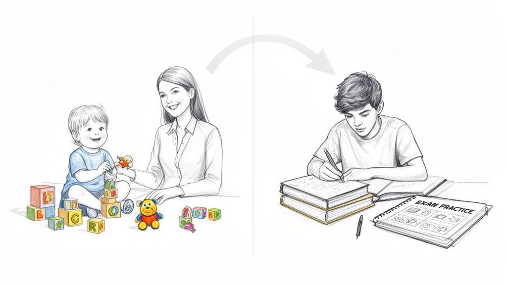 描繪兒童玩積木與青年專注學習的成長過程，象徵教育和時間的演進。