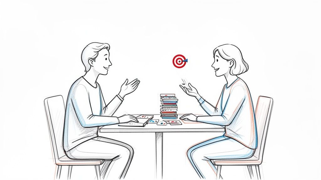 两个人在桌子旁面对面交谈，桌上有書籍和卡片，空中有一个命中靶心的目标。