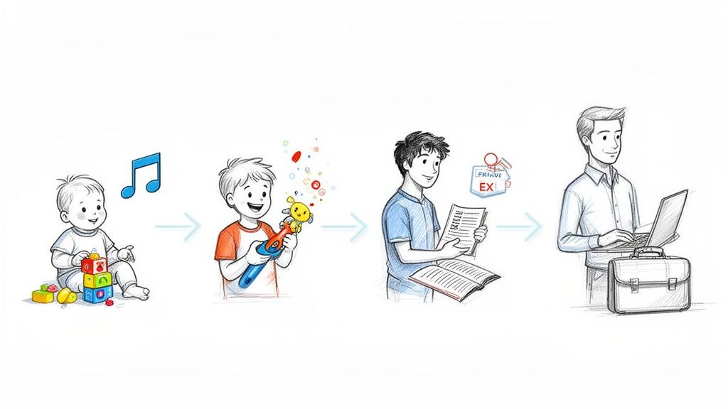 描绘了从婴儿玩积木、儿童玩玩具、少年学习到成人工作的成长过程示意图。