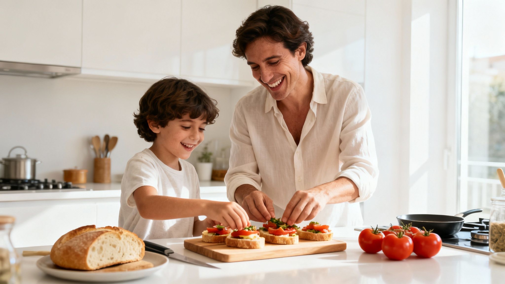A father and his son are in the kitchen, smiling as they make delicious snacks together and enjoy quality time together.