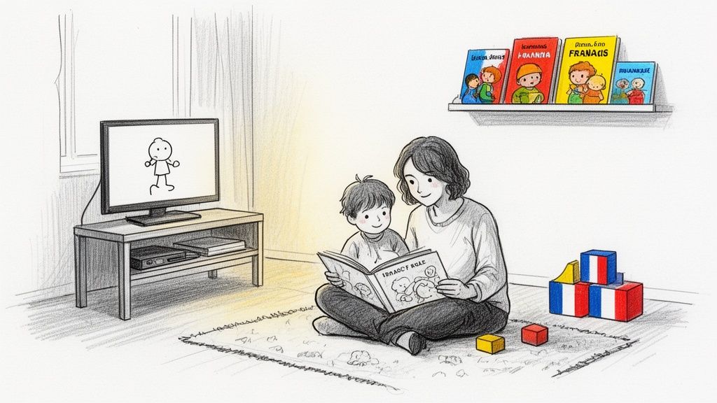一位母亲和孩子坐在地板上读故事书，背景是电视和摆满儿童书籍的书架。