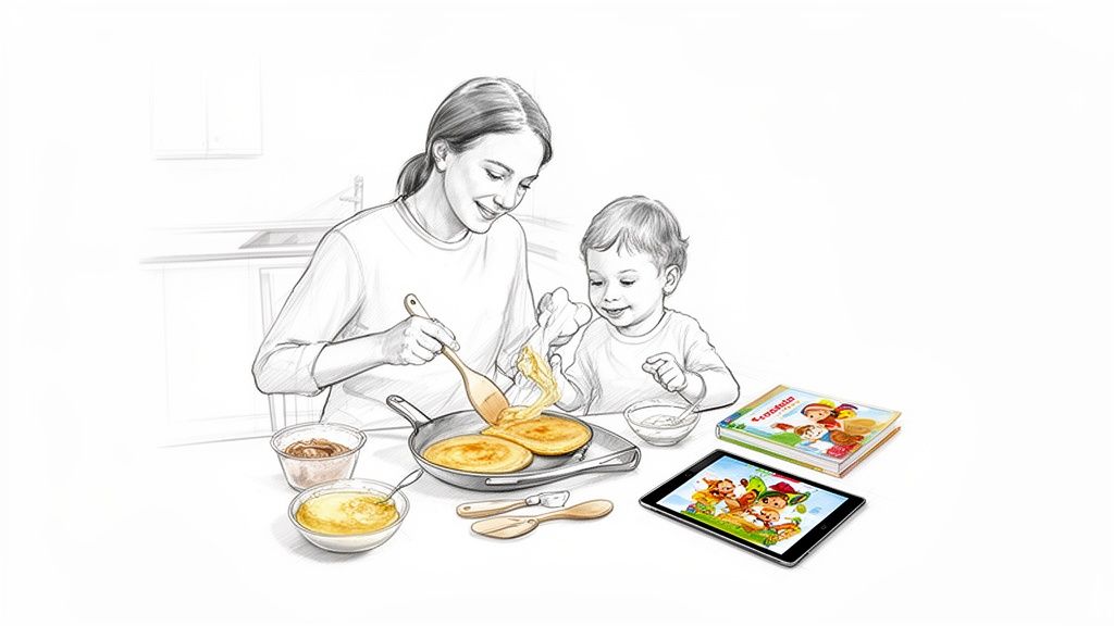 一位母親和孩子在廚房裡開心地做鬆餅，桌上擺著食材、木勺、平底鍋和兒童讀物。