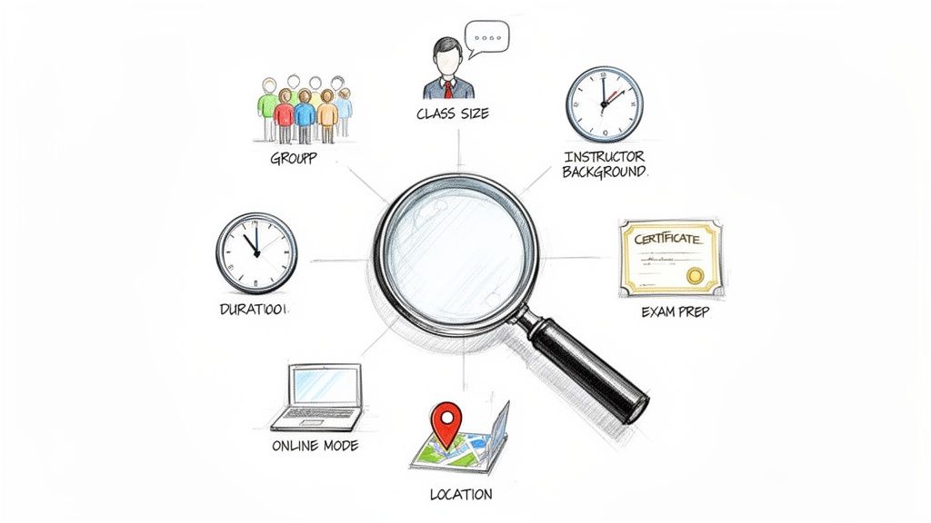 插图展示放大镜，周围列出选择课程的多种考量因素，如班级大小、时长、地点和在线模式。