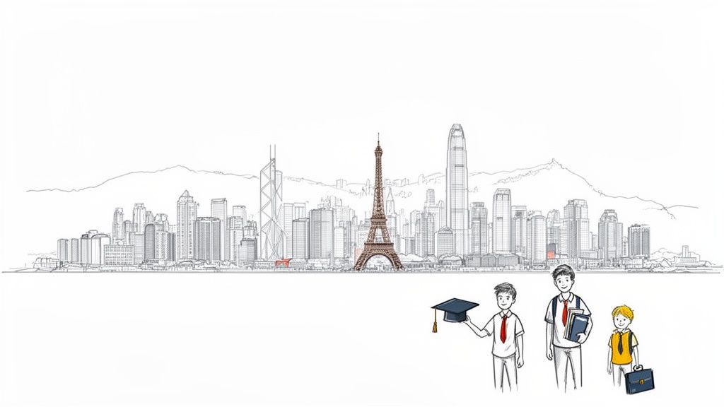 手繪城市天際線，巴黎艾菲爾鐵塔與香港高樓並立，前景有三位穿校服的學生，象徵學習與國際交流。