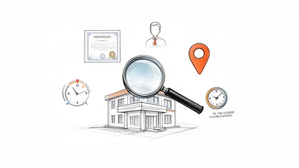 An illustration depicting certificates, people, places, clocks, magnifying glasses, and buildings symbolizes learning and searching.