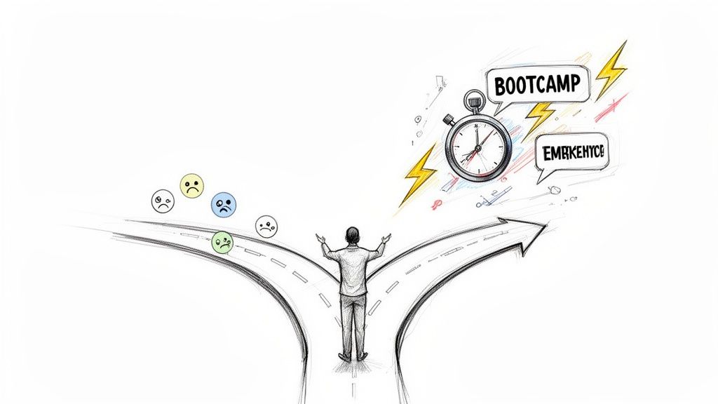 一个人在分岔路口，面临通往沮丧或“BOOTCAMP”挑战的选择。