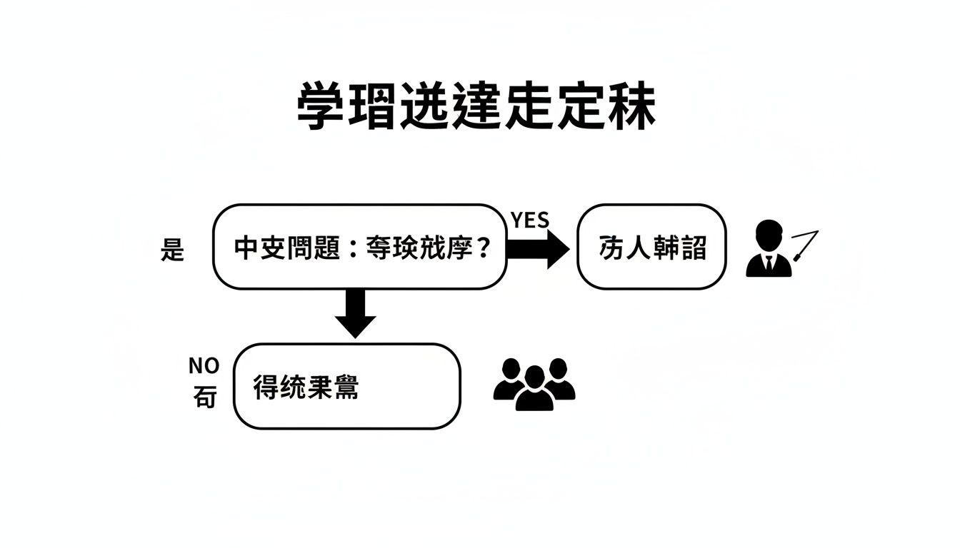 一张中文决策流程图，展示了根据一个问题的是否答案，导向不同结果和人物图标。