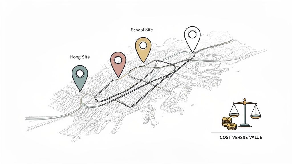 地图上标有弘 site 和学校 site 的位置，下方有“成本与价值”的天平图标。