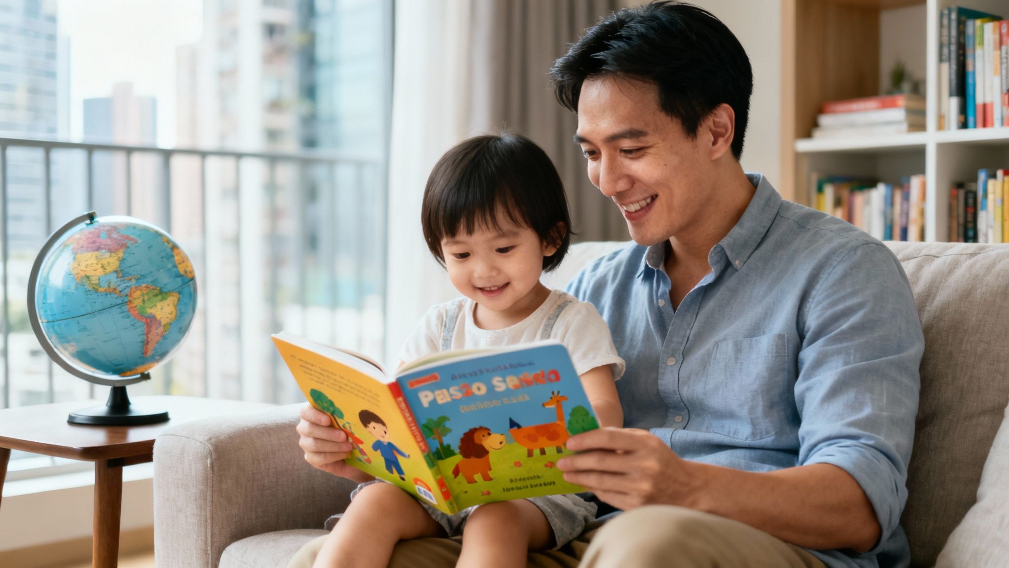 An Asian father and daughter sit on the sofa, smiling broadly as they read a children's picture book together.