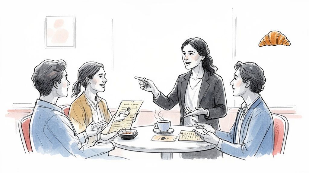 四位朋友或同事在咖啡館裡熱烈討論，一人手持文件，一人指點發言。