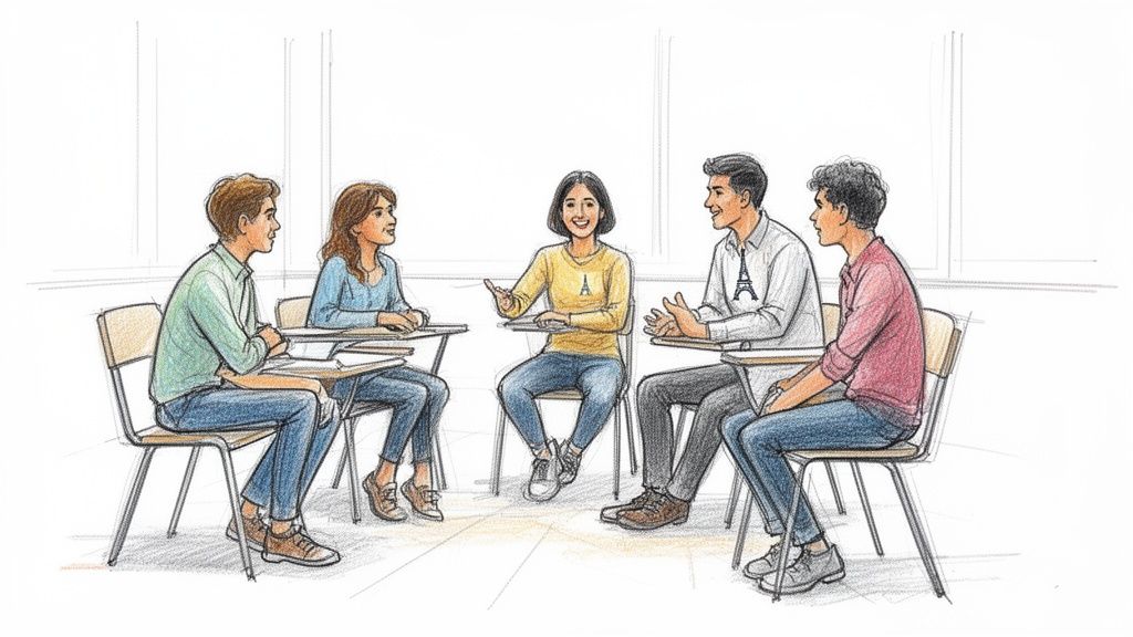 五位年輕學生圍坐課桌椅，其中兩位穿著艾菲爾鐵塔T恤，正在熱烈討論，展現活躍的法文課程氛圍。