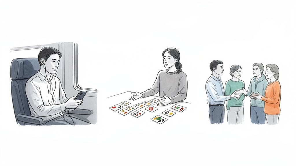 The illustrations depict three learning and social methods: listening to audio on a train, learning with flashcards, and group discussions.