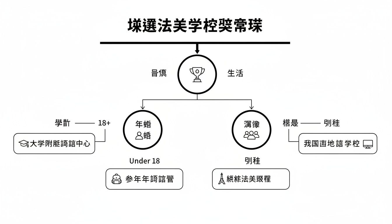 這是一張關於法國學校入-學條件和課程選項的流程圖，包含年齡、語言中心和住宿資訊。