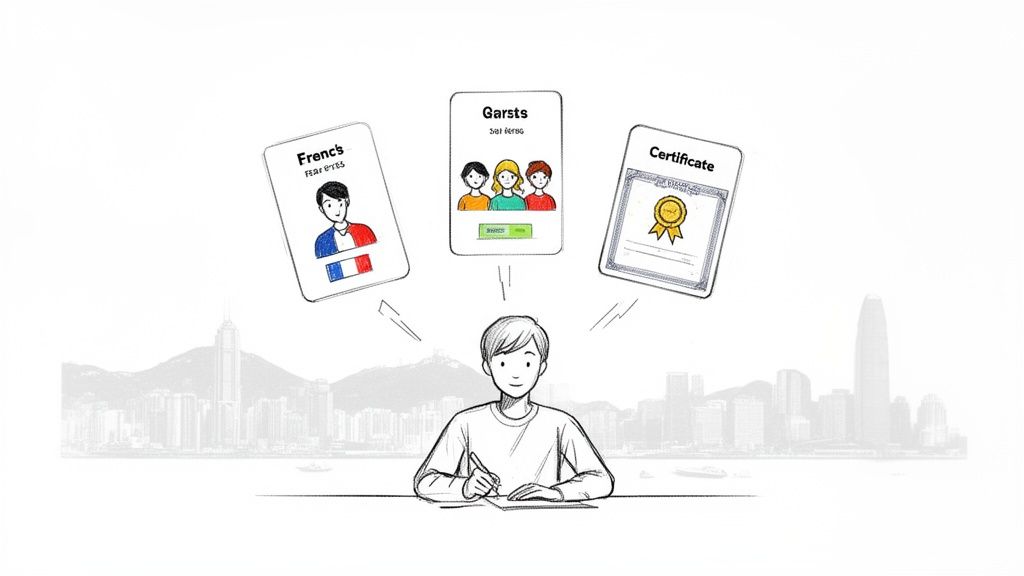 一个男人在桌前写字，上方有法文课程、團隊及证书卡片，背景是香港城市天际线。