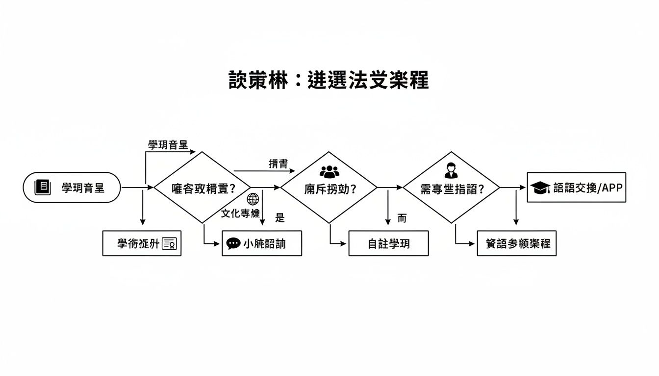流程圖詳細介紹談崇林遴選法學課程的決策過程，包含多個判斷點及學習路徑。