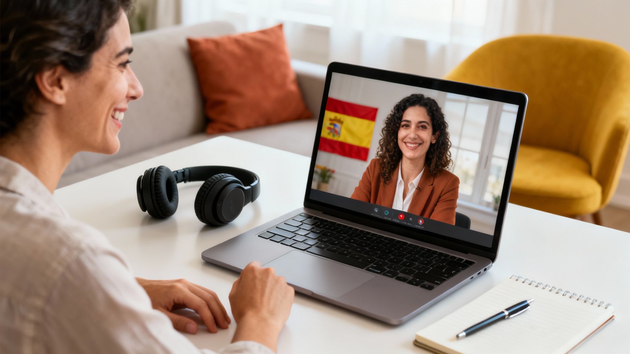 一位女士通过笔记本电脑参加在线西班牙语课程，屏幕显示带西班牙国旗背景的老师。