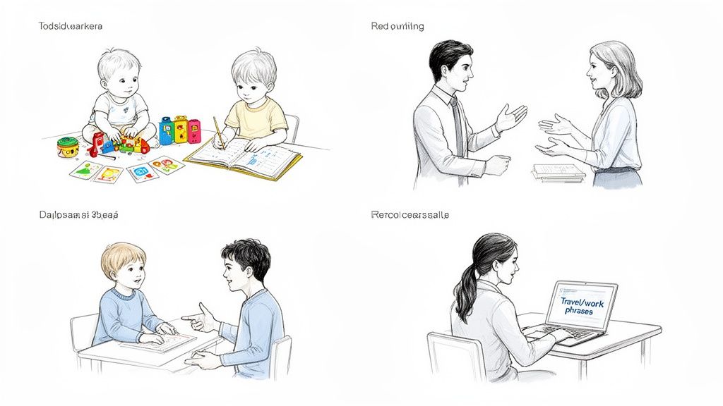 四幅插画展示了不同年龄段的学习和交流场景，包括儿童、对话和电脑学习。