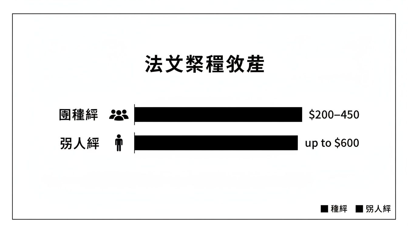 此圖顯示法文課程收費，分為團體課和私人課的價格範圍，以便比較。