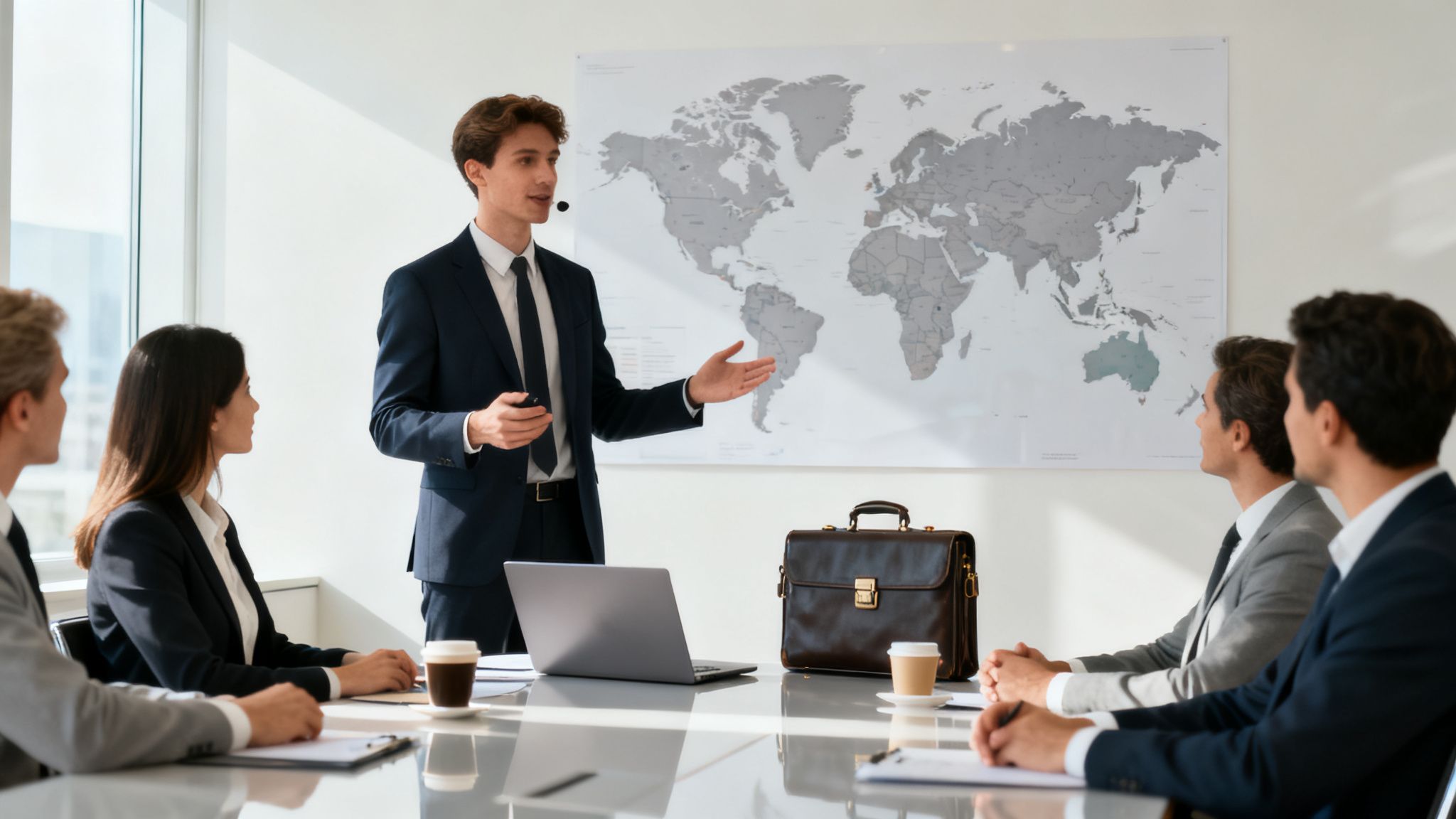 A young businessperson is giving a presentation to colleagues in a meeting room. The background is a world map, and there are laptops and coffee on the table.