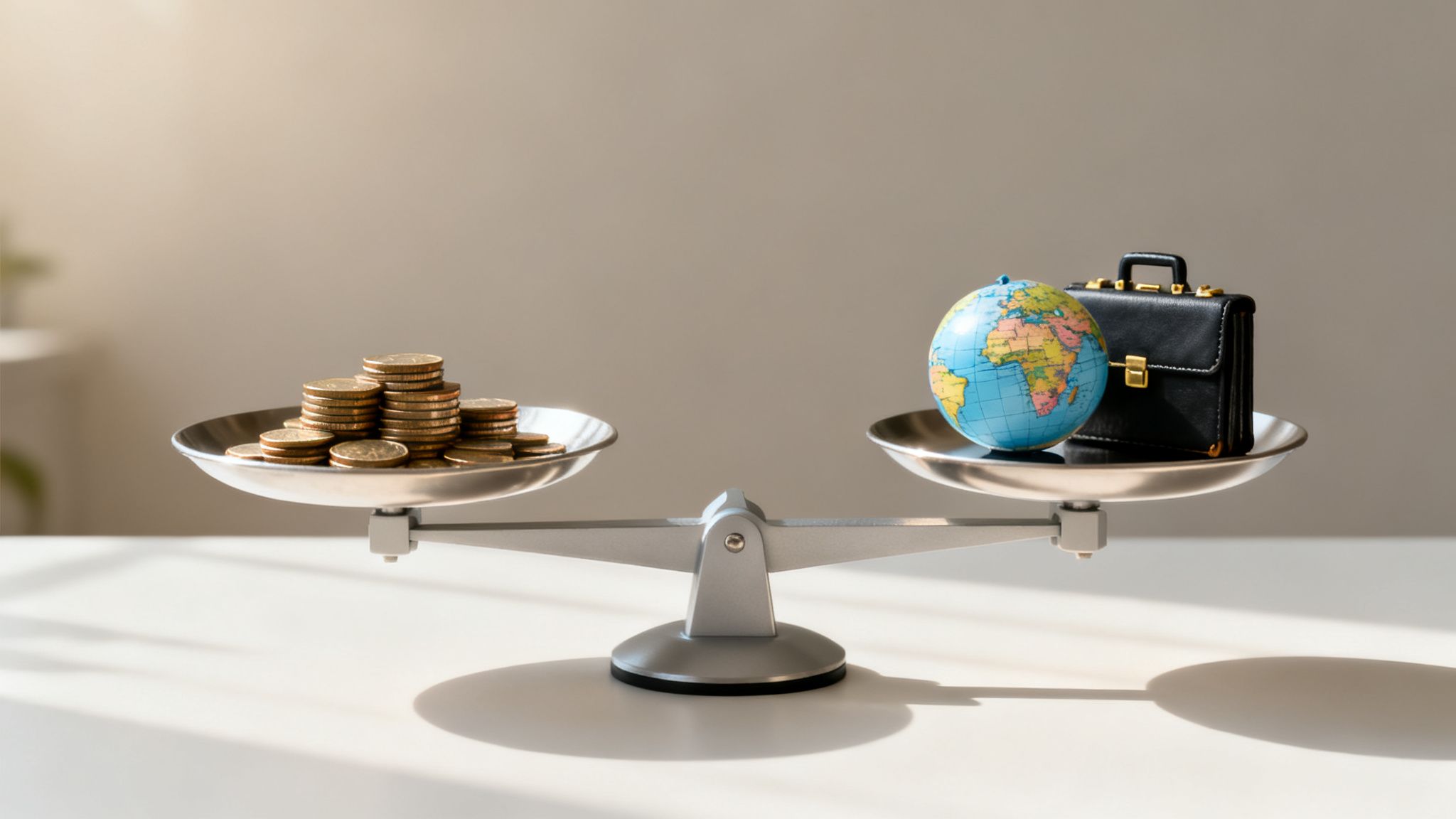On the scales, one side holds gold coins, and the other side holds a globe and a briefcase, symbolizing a balance between wealth and global opportunities.